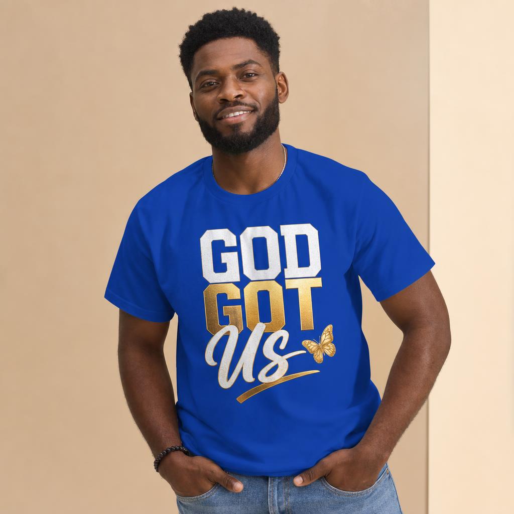 GOD GOT US! design shown on royal blue apparel