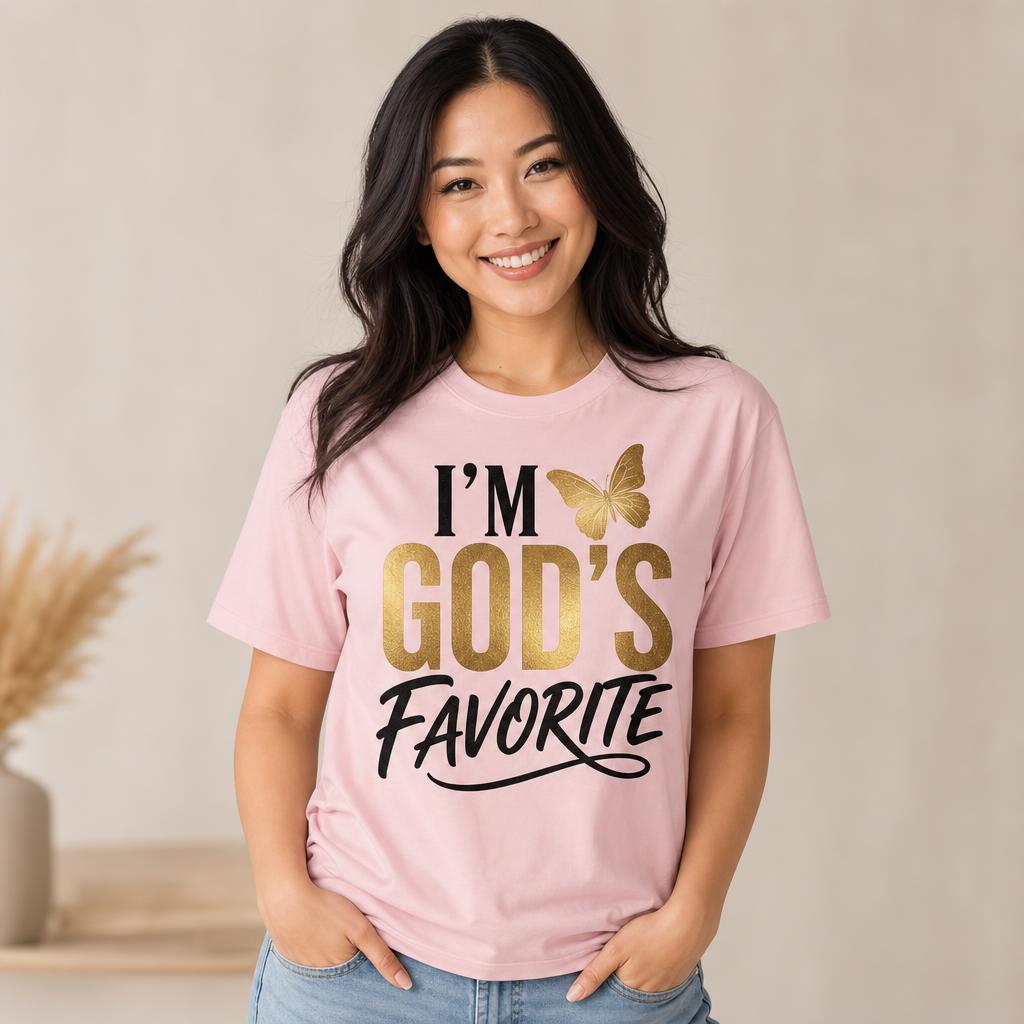 I'm God's Favorite design shown on pink apparel